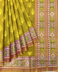 Peach & Mehendi Fancy Leaves Patola Saree - SindhoiPatolaArt