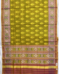 Peach & Mehendi Fancy Leaves Patola Saree - SindhoiPatolaArt