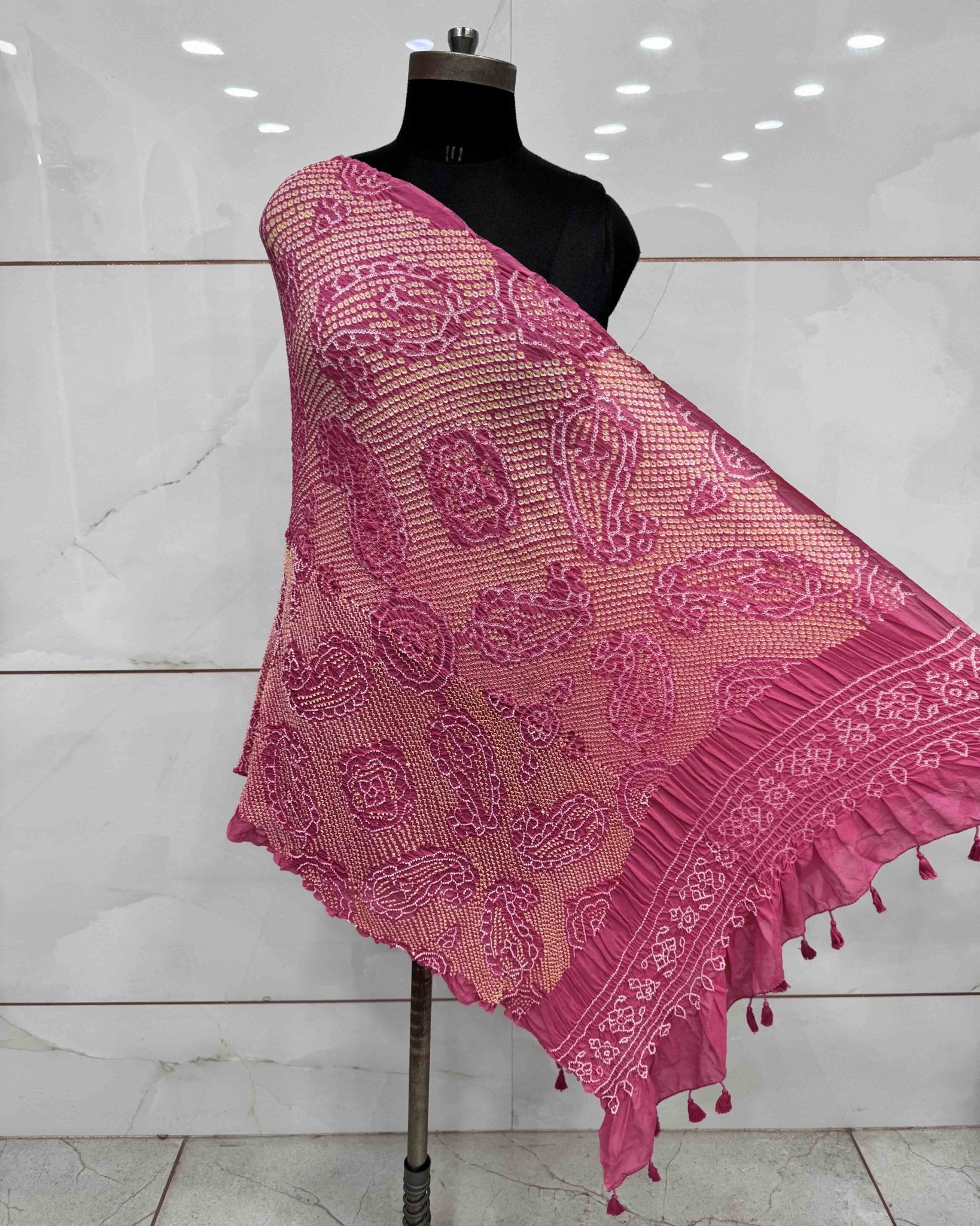 Peach Pink Georgette Bandhani Dupatta - SindhoiPatolaArt