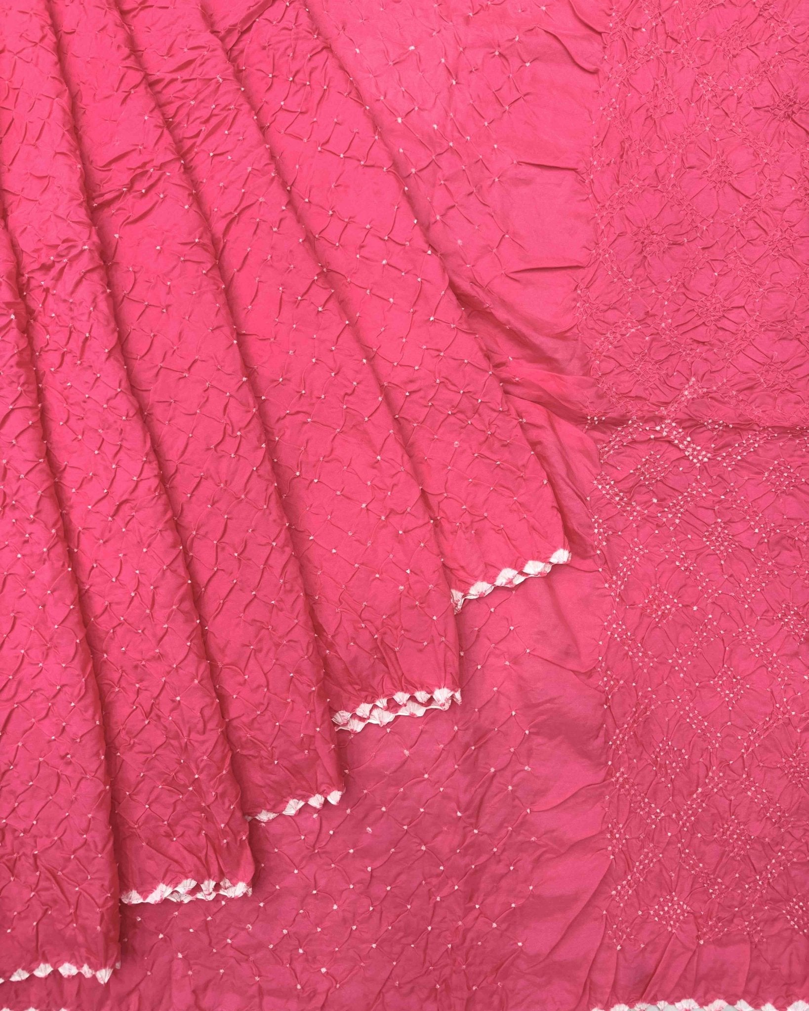 Peach Pink Habotai Bandhani Saree - SindhoiPatolaArt