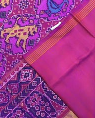 Pink Big Figure Narikunj Semi Double Ikat Patola Saree - SindhoiPatolaArt
