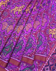 Pink Big Figure Narikunj Semi Double Ikat Patola Saree - SindhoiPatolaArt