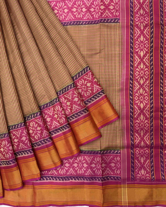 Pink & Biscuit Chex Patola Saree - SindhoiPatolaArt