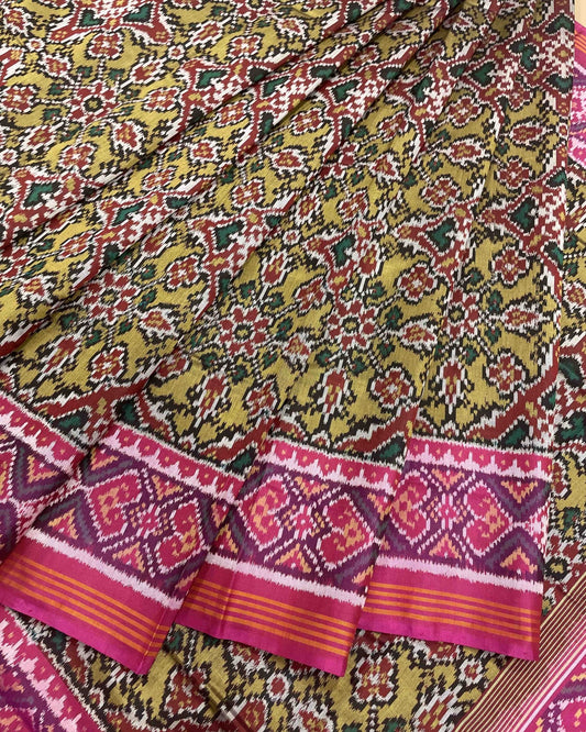 Pink & Black Yellow Mustard Chhabdi Designer Patola Saree - SindhoiPatolaArt