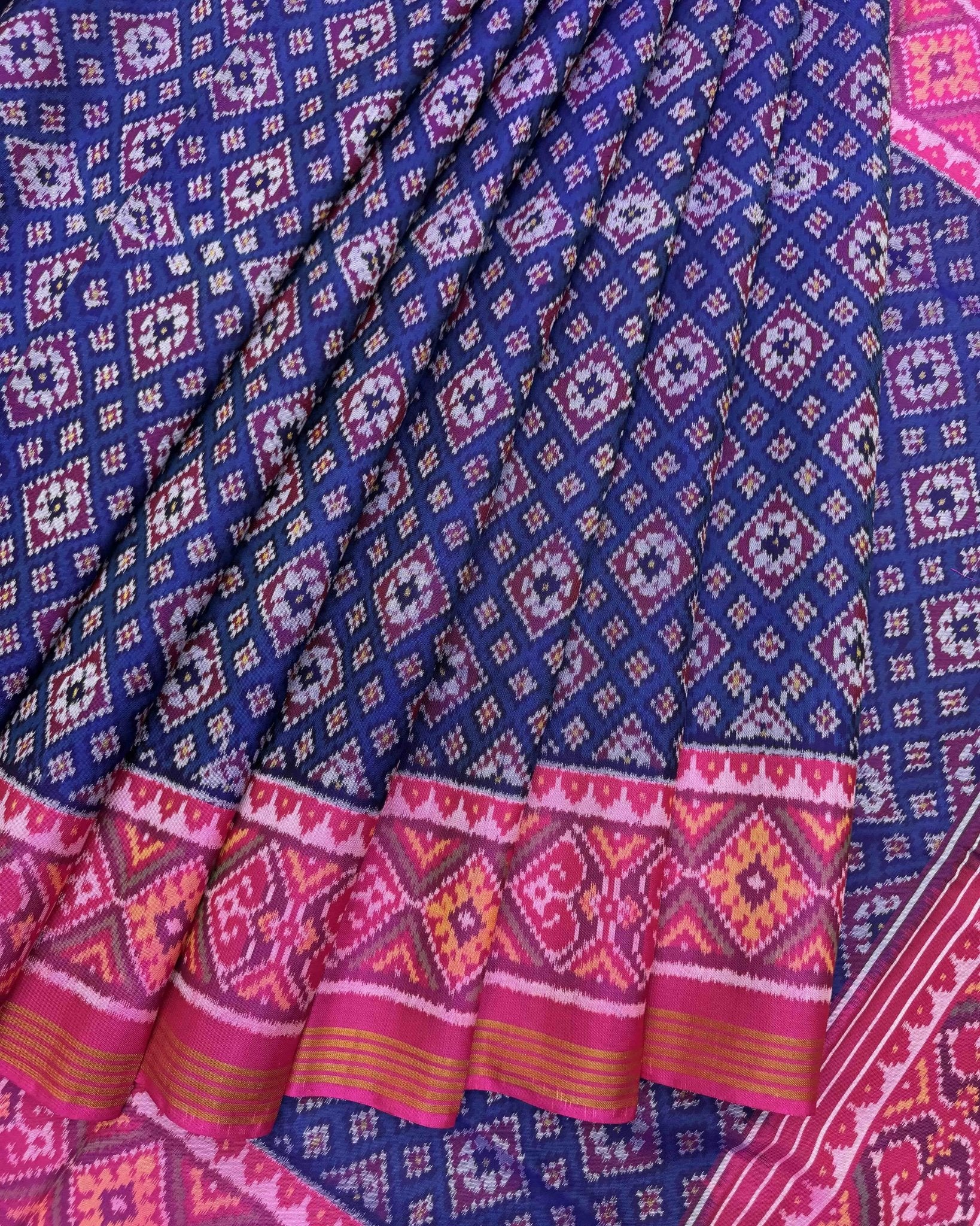 Pink & Blue Bandhani Design Semi Double Ikat Patola Saree - SindhoiPatolaArt