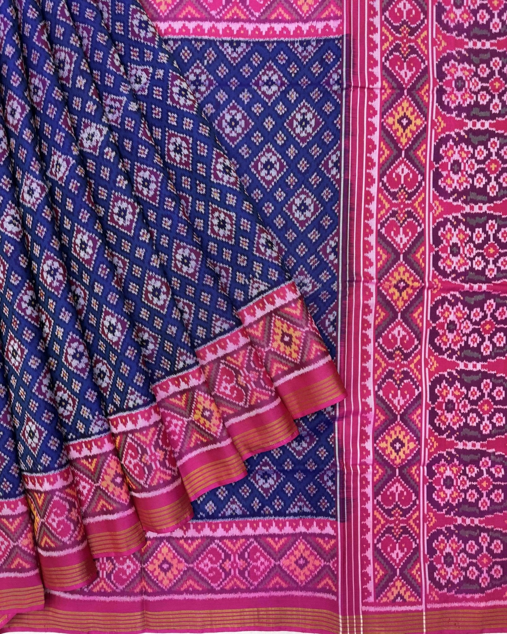 Pink & Blue Bandhani Design Semi Double Ikat Patola Saree - SindhoiPatolaArt