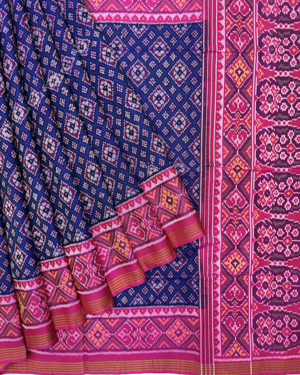Pink & Blue Bandhani Design Semi Double Ikat Patola Saree - SindhoiPatolaArt