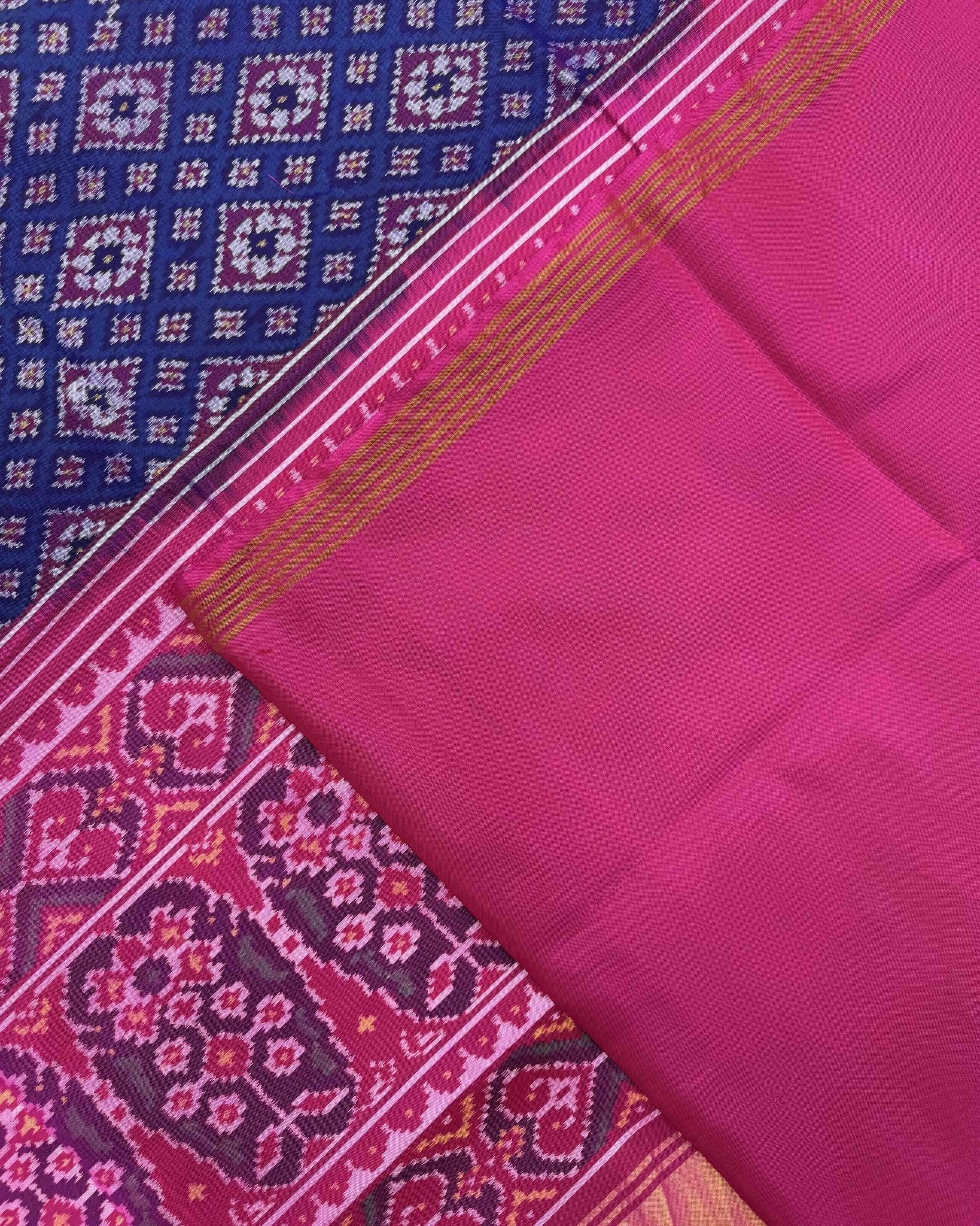 Pink & Blue Bandhani Design Semi Double Ikat Patola Saree - SindhoiPatolaArt