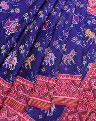 Pink & Blue Big Figure Narikunj Semi Double Ikat Patola Saree - SindhoiPatolaArt