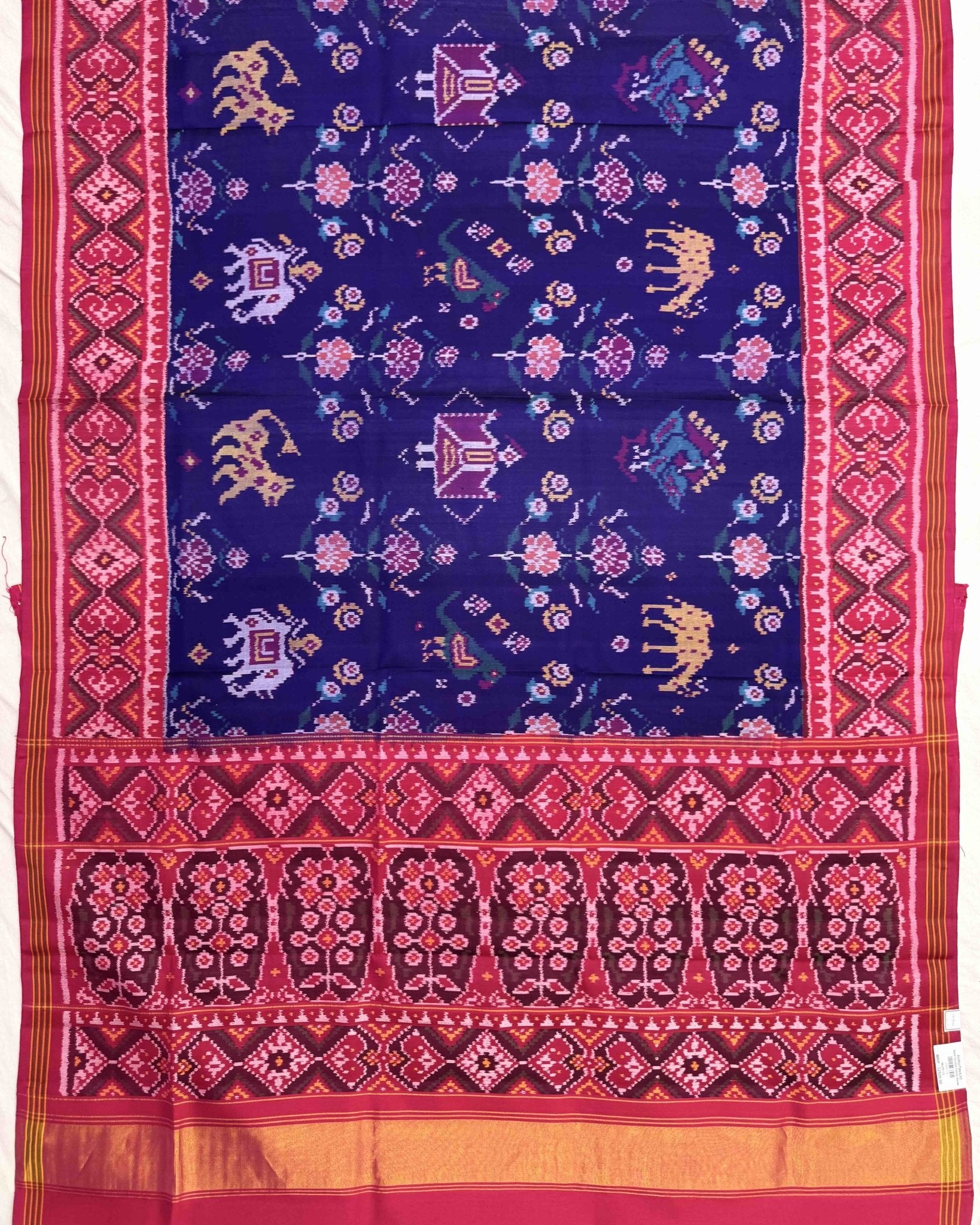 Pink & Blue Big Figure Narikunj Semi Double Ikat Patola Saree - SindhoiPatolaArt
