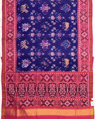 Pink & Blue Big Figure Narikunj Semi Double Ikat Patola Saree - SindhoiPatolaArt