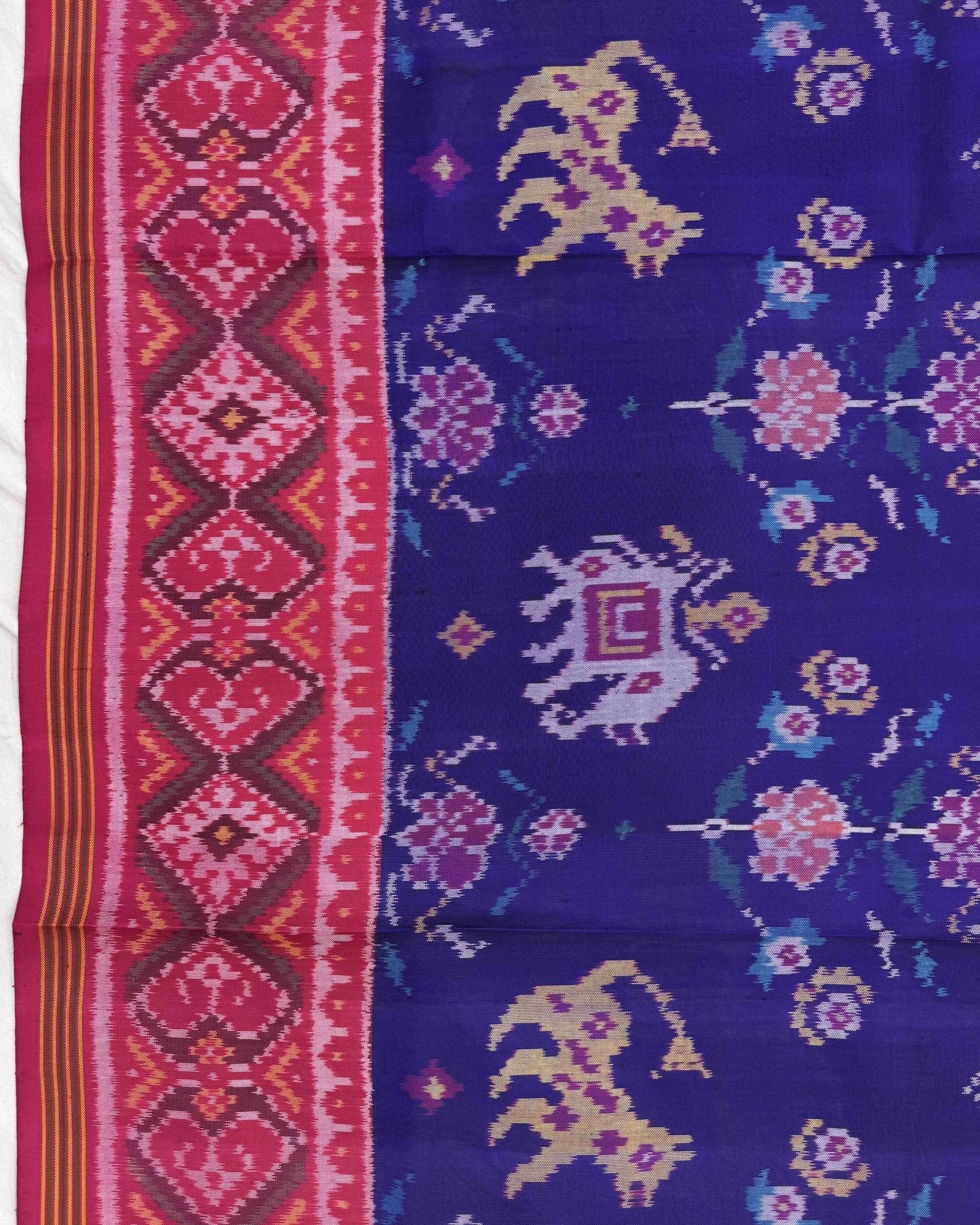 Pink & Blue Big Figure Narikunj Semi Double Ikat Patola Saree - SindhoiPatolaArt