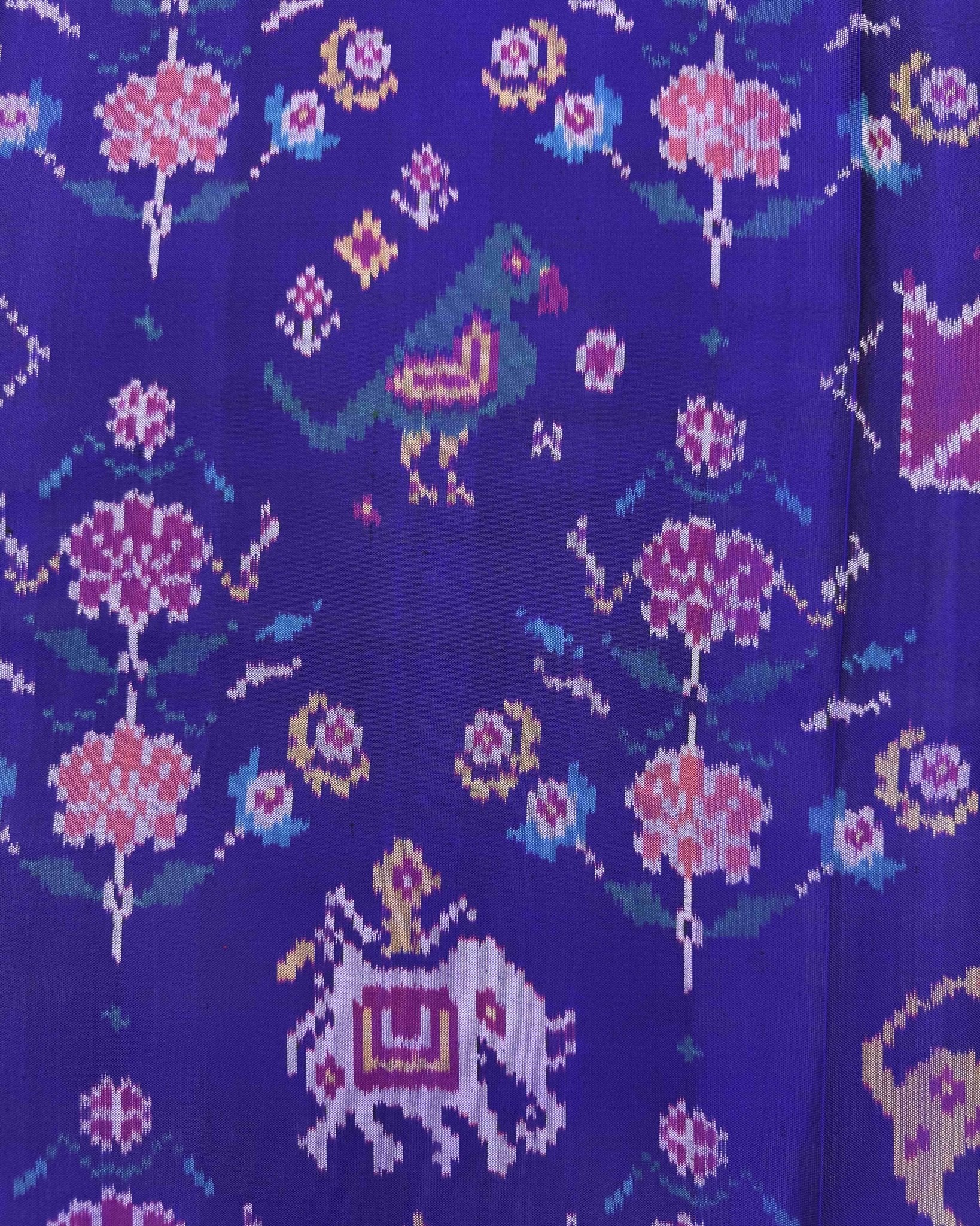 Pink & Blue Big Figure Narikunj Semi Double Ikat Patola Saree - SindhoiPatolaArt