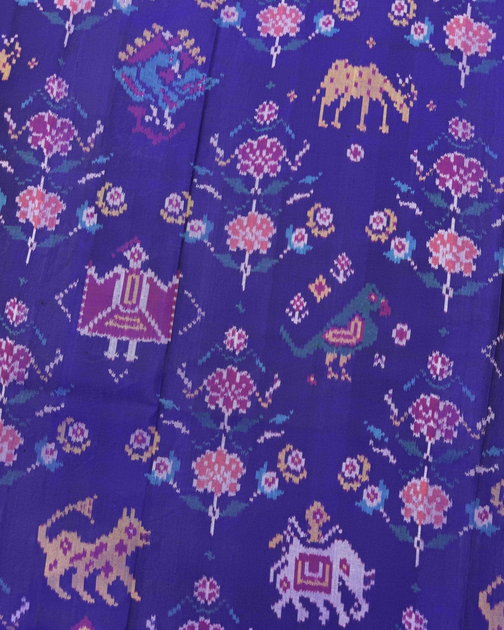 Pink & Blue Big Figure Narikunj Semi Double Ikat Patola Saree - SindhoiPatolaArt