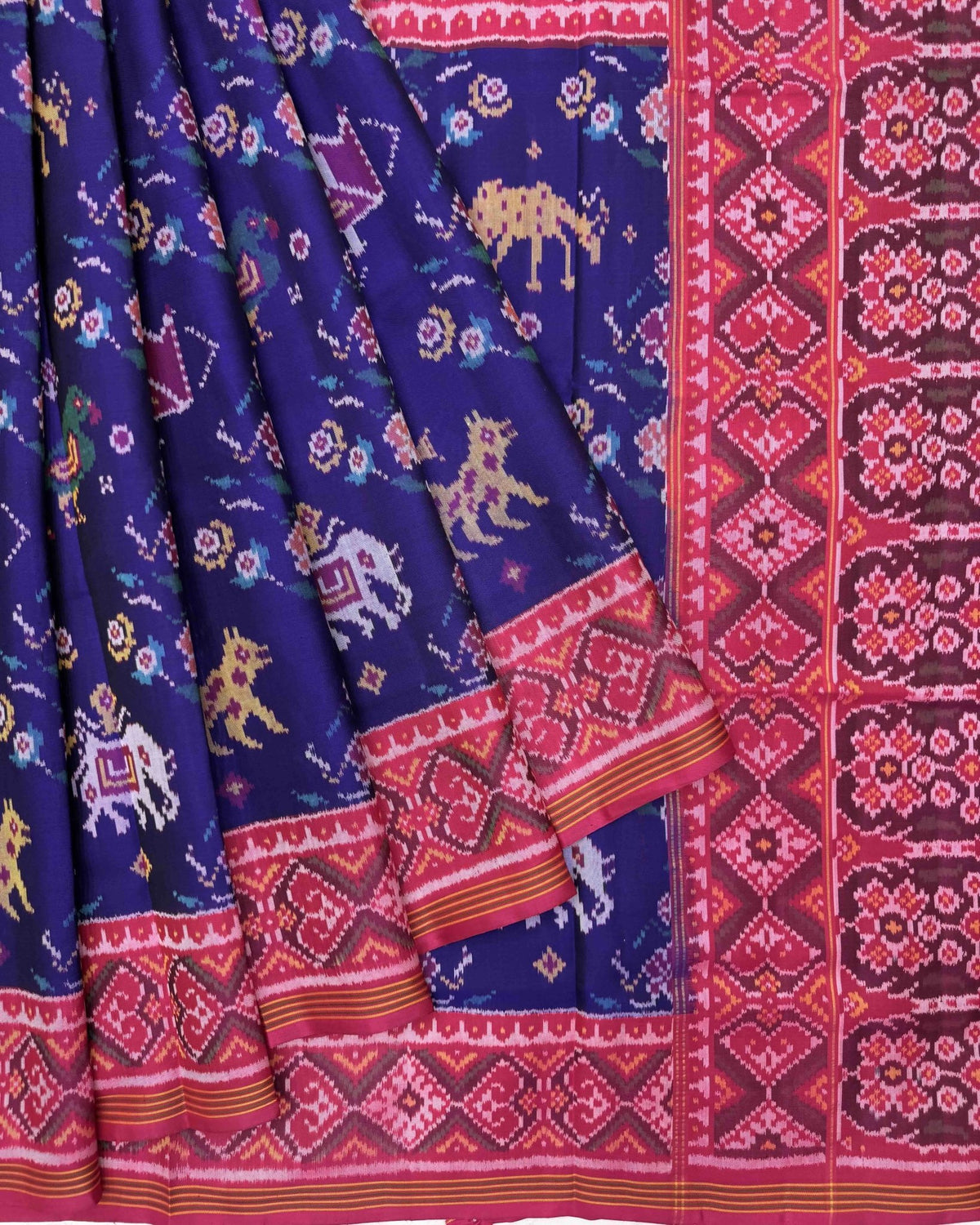 Pink & Blue Big Figure Narikunj Semi Double Ikat Patola Saree - SindhoiPatolaArt