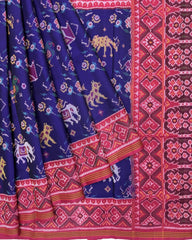 Pink & Blue Big Figure Narikunj Semi Double Ikat Patola Saree - SindhoiPatolaArt