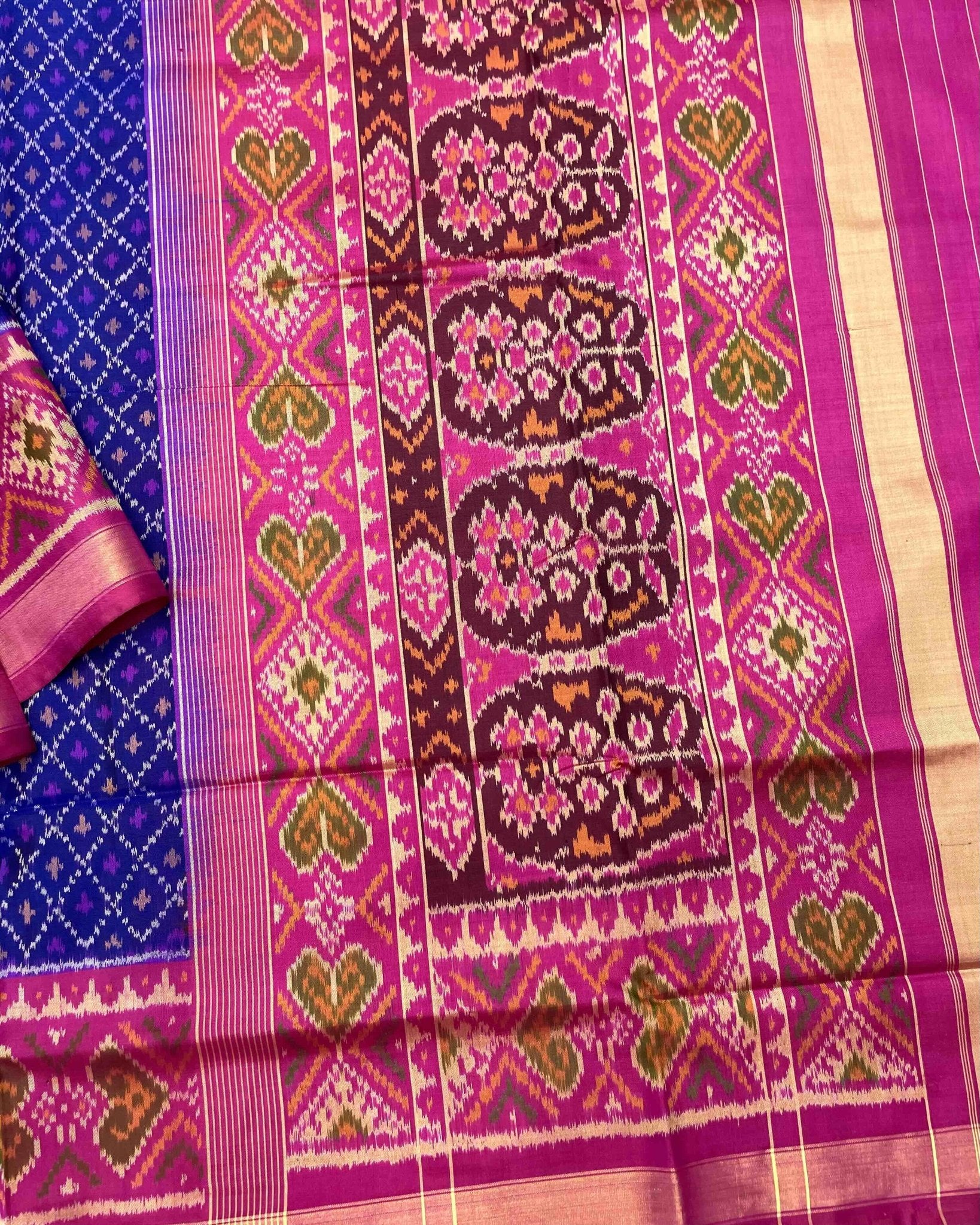 Pink & Blue Booty Design Patola Saree - SindhoiPatolaArt