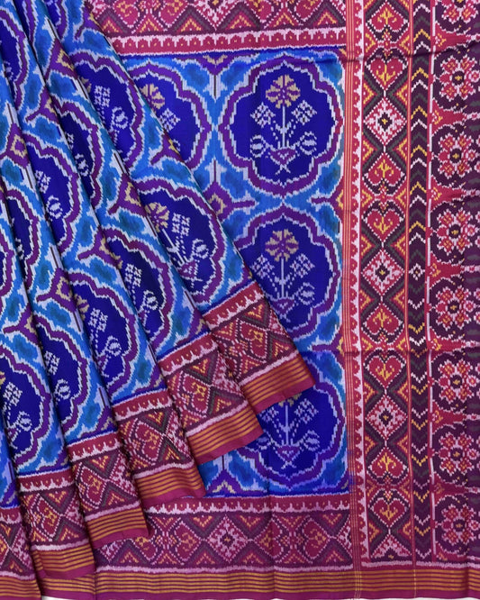 Pink & Blue Chhabdi Flower Semi Double Ikat Patola Saree - SindhoiPatolaArt