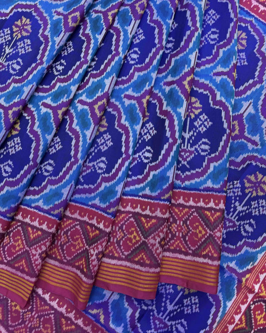 Pink & Blue Chhabdi Flower Semi Double Ikat Patola Saree - SindhoiPatolaArt