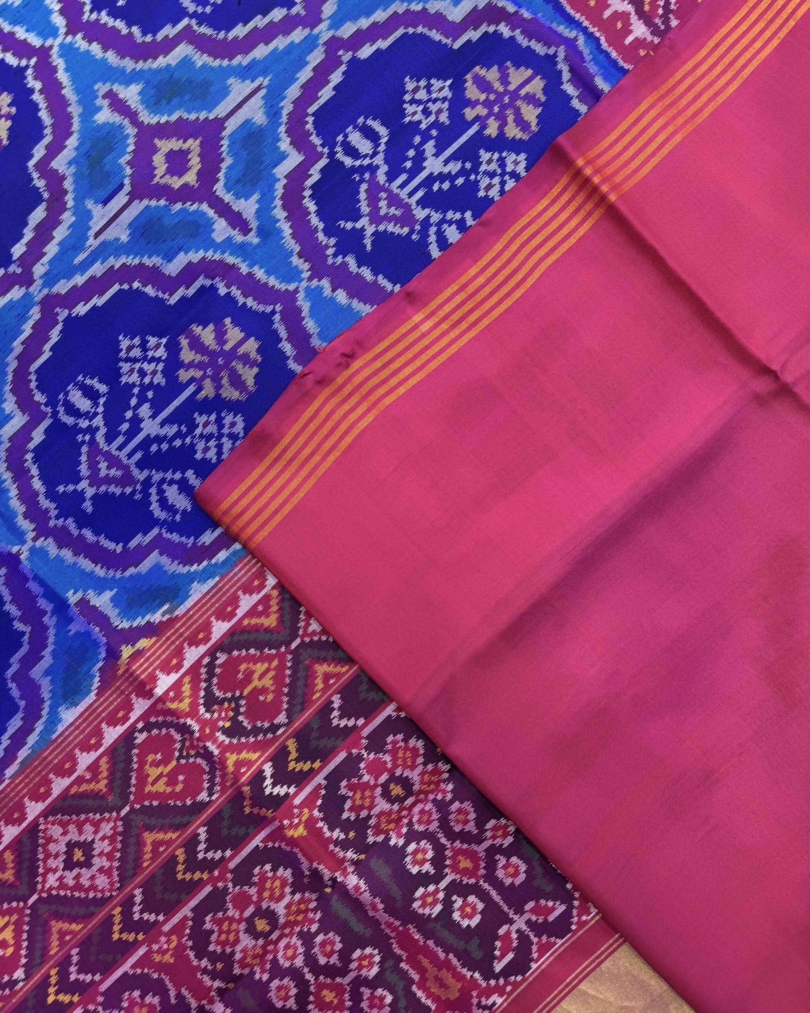 Pink & Blue Chhabdi Flower Semi Double Ikat Patola Saree - SindhoiPatolaArt