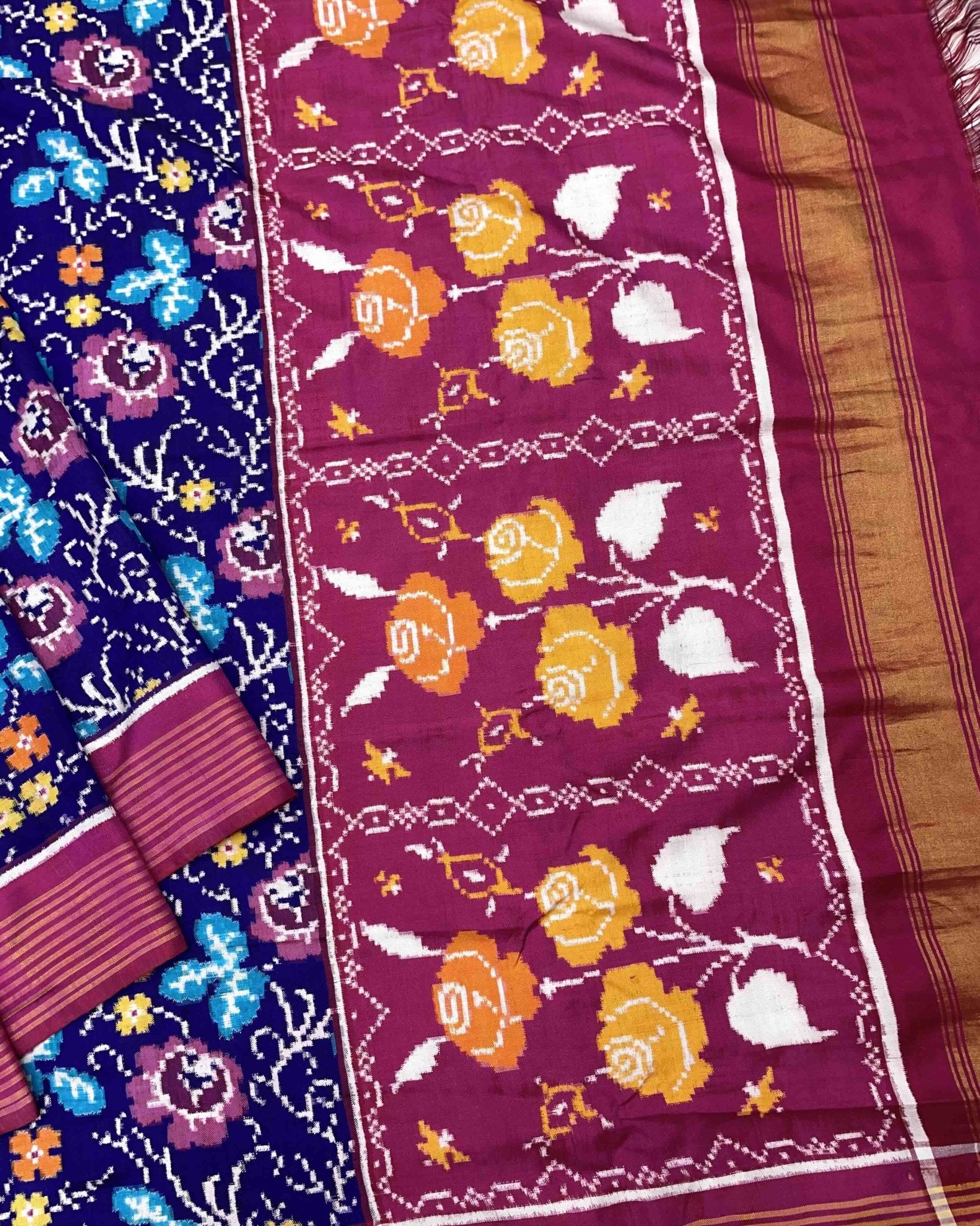 Pink & Blue Fancy Flower Double Ikat Patola Saree - SindhoiPatolaArt