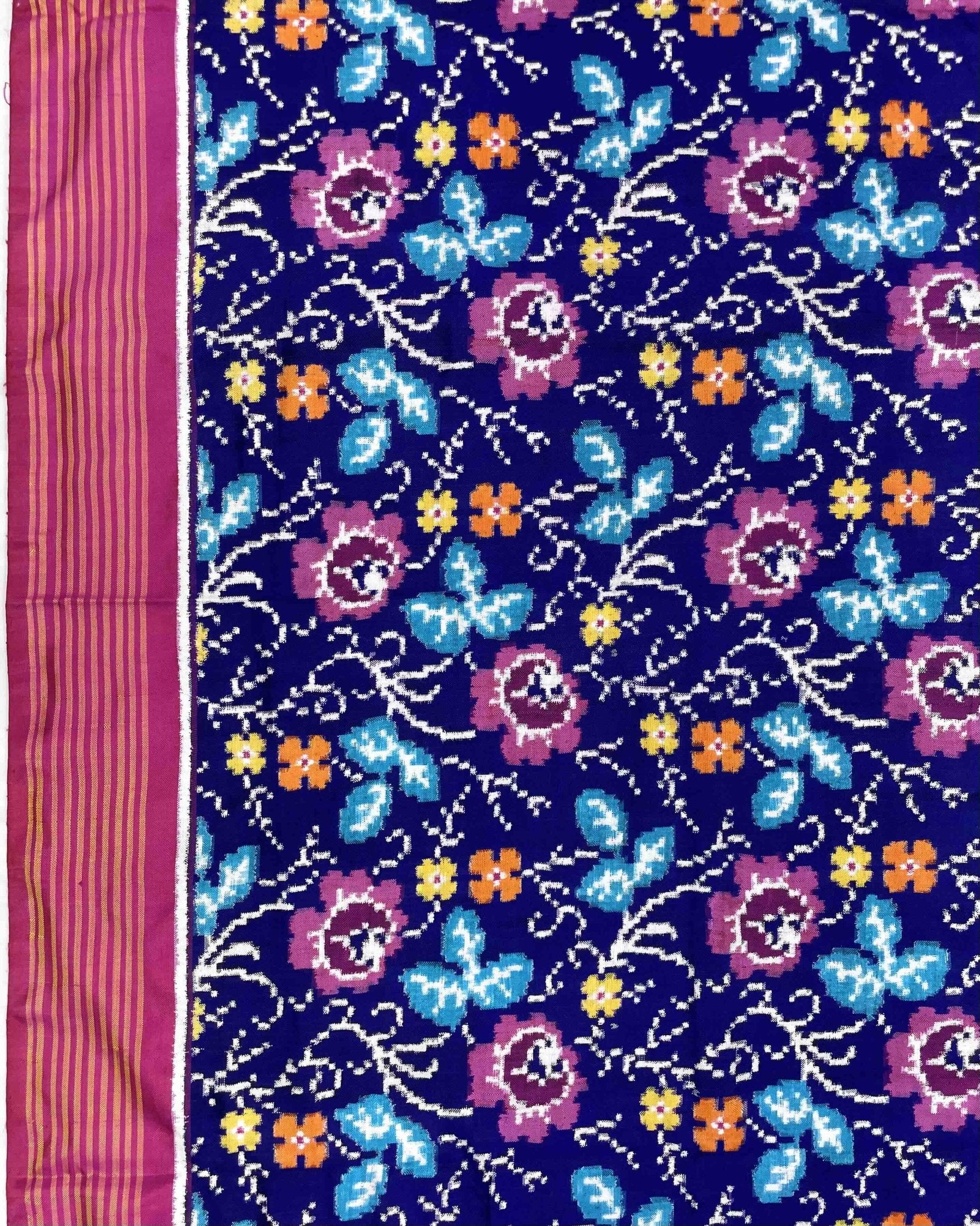 Pink & Blue Fancy Flower Double Ikat Patola Saree - SindhoiPatolaArt