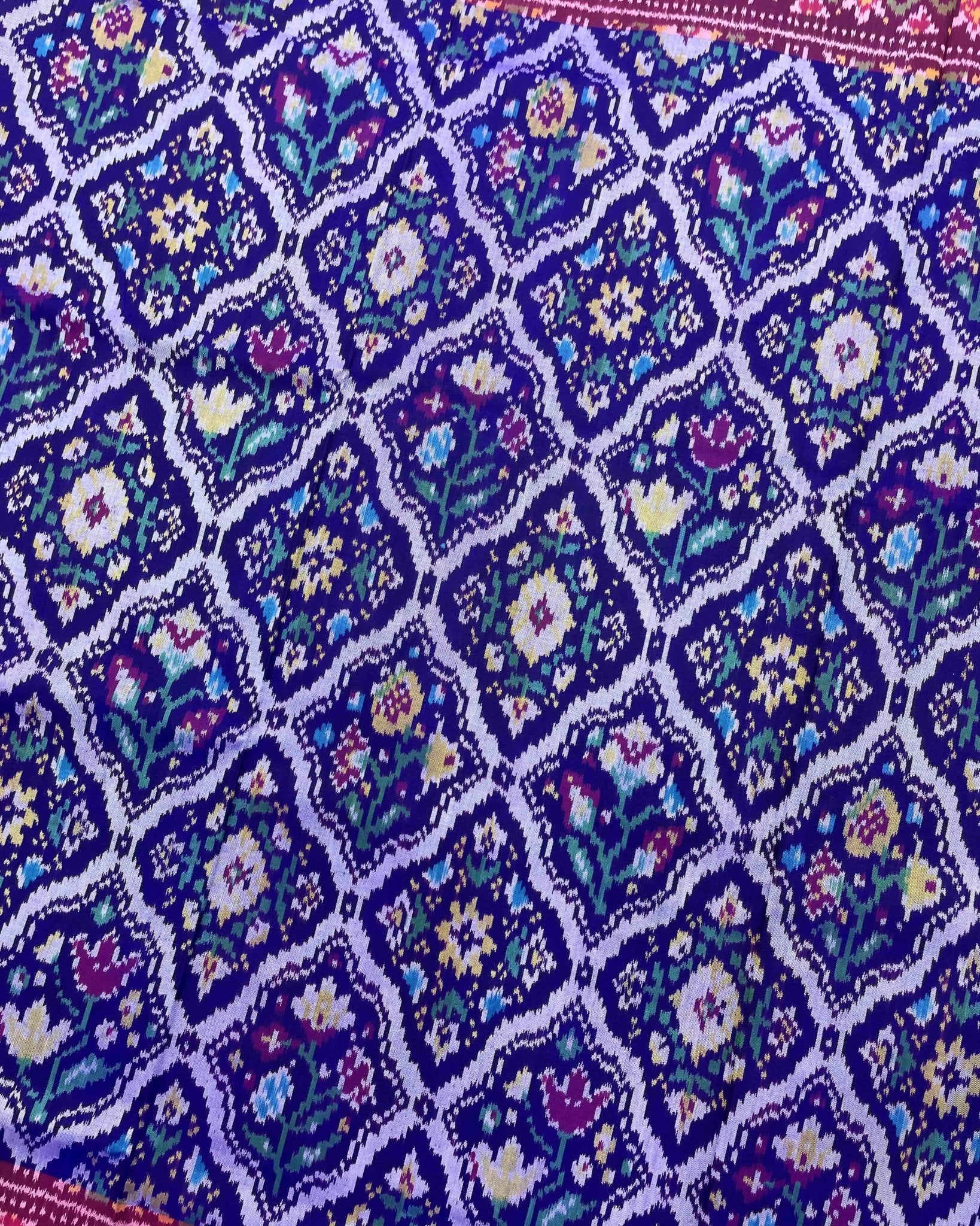 Pink & Blue Fancy Flower Patola Saree - SindhoiPatolaArt