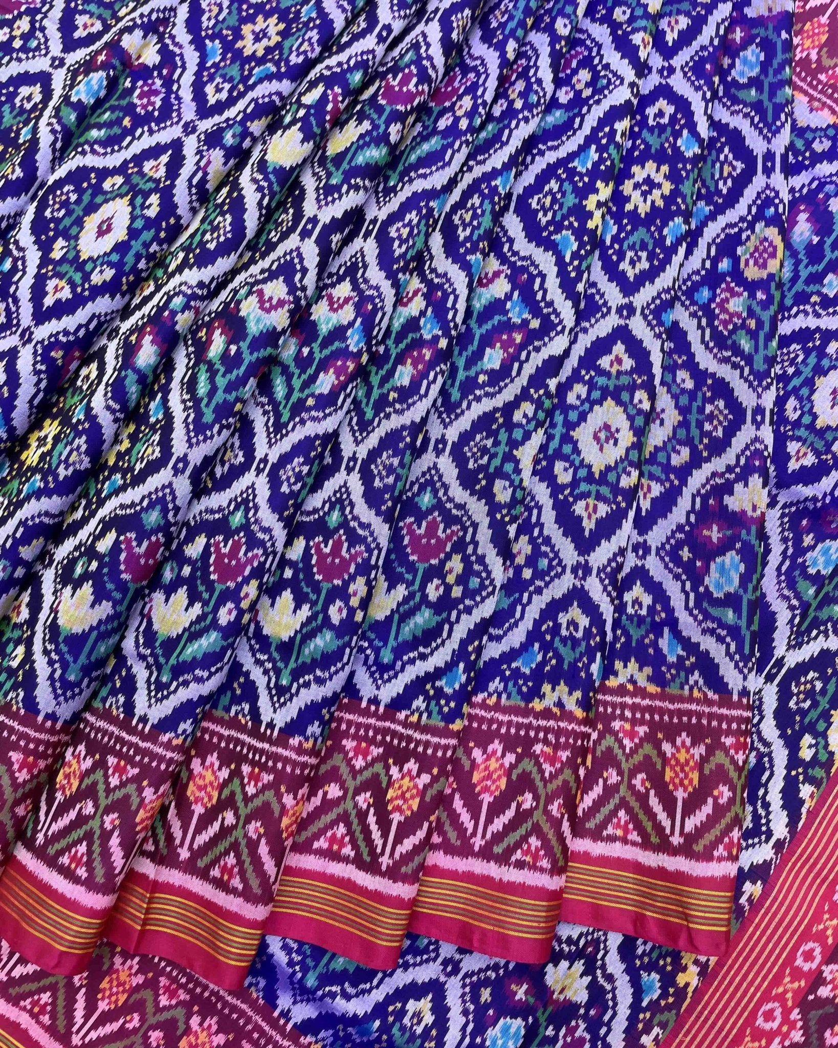 Pink & Blue Fancy Flower Patola Saree - SindhoiPatolaArt