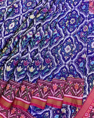 Pink & Blue Fancy Flower Patola Saree - SindhoiPatolaArt