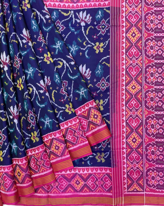 Pink & Blue Fancy Flower Patola Saree - SindhoiPatolaArt