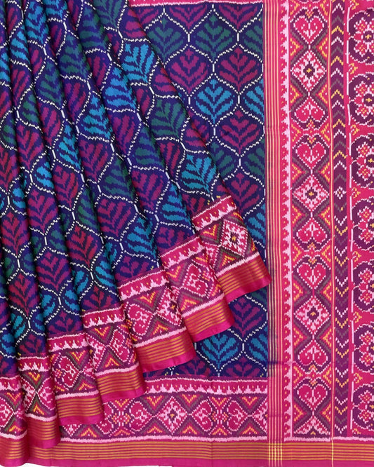 Pink & Blue Fancy Flower Patola Saree - SindhoiPatolaArt