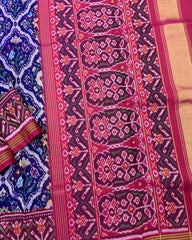 Pink & Blue Fancy Flower Patola Saree - SindhoiPatolaArt
