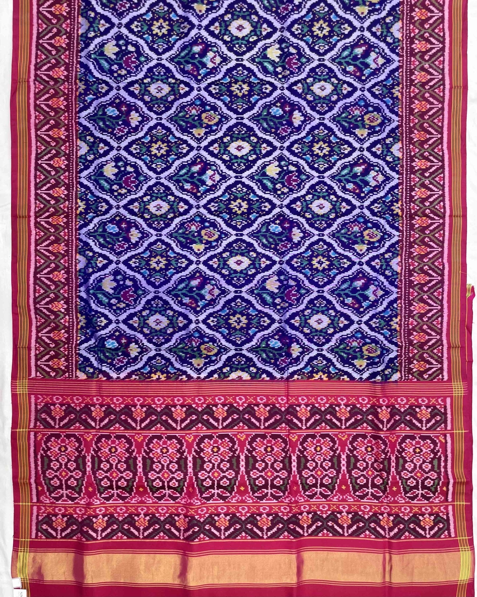 Pink & Blue Fancy Flower Patola Saree - SindhoiPatolaArt