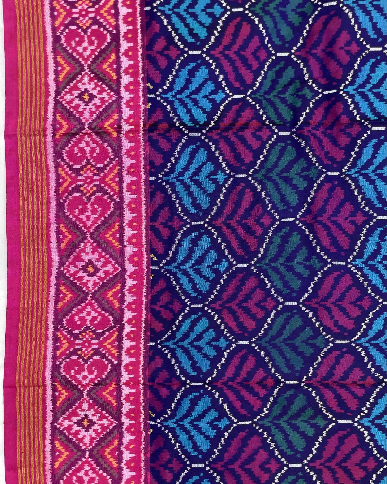 Pink & Blue Fancy Flower Patola Saree - SindhoiPatolaArt