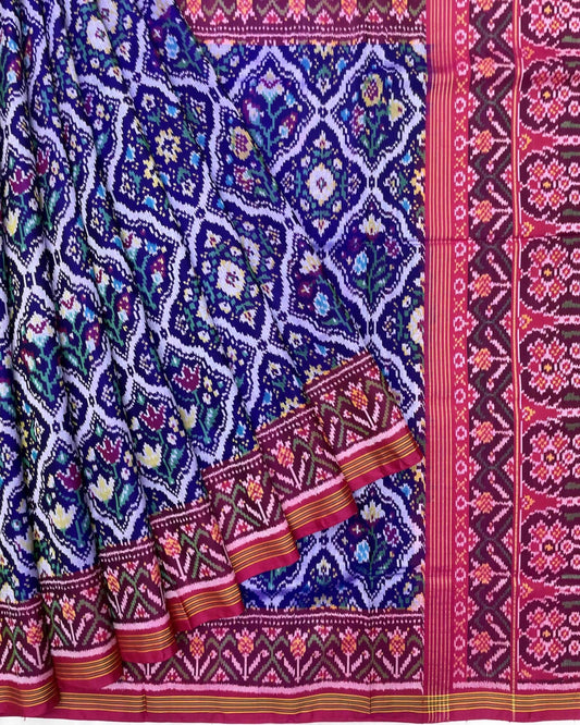 Pink & Blue Fancy Flower Patola Saree - SindhoiPatolaArt