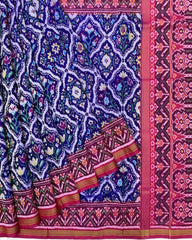 Pink & Blue Fancy Flower Patola Saree - SindhoiPatolaArt
