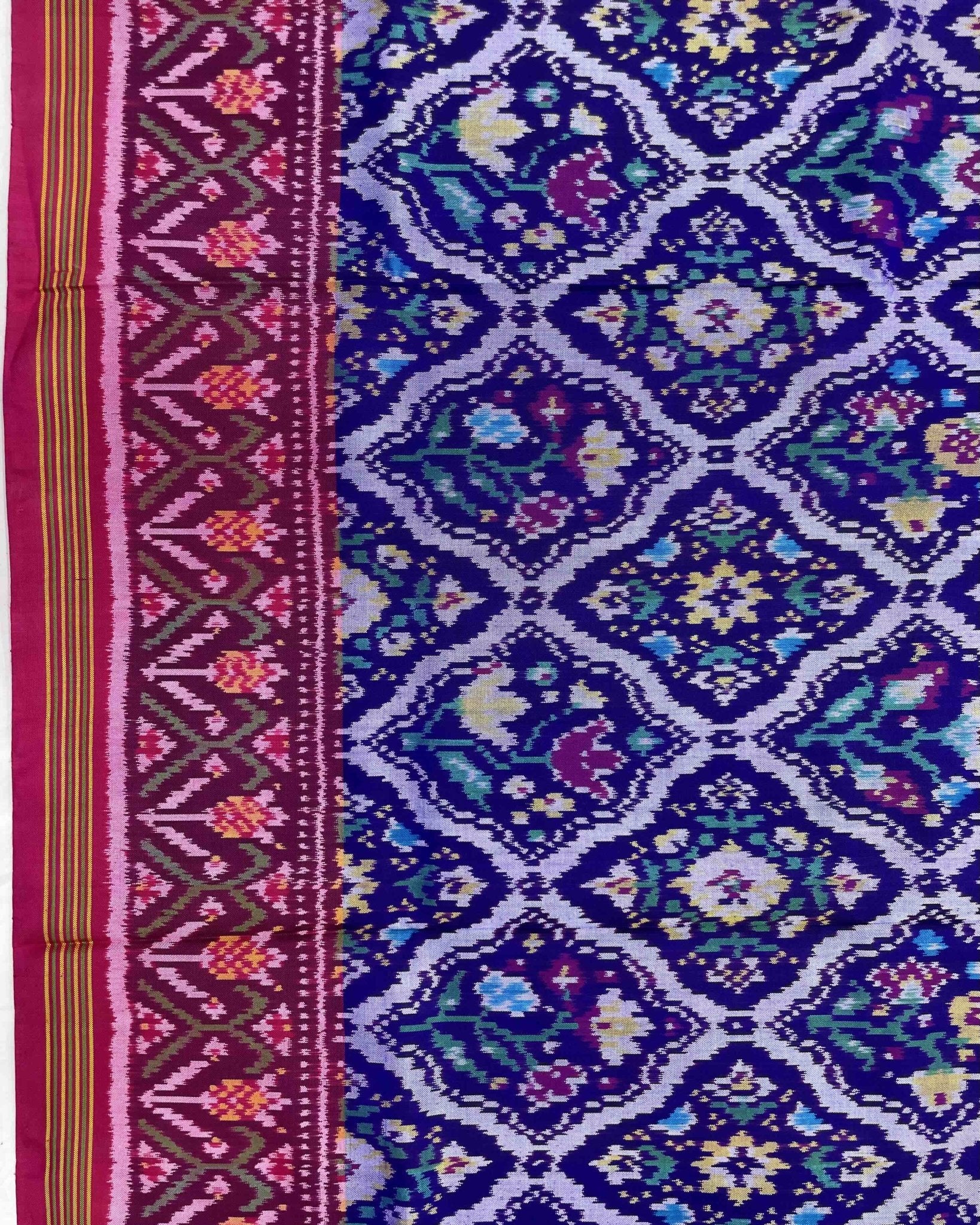 Pink & Blue Fancy Flower Patola Saree - SindhoiPatolaArt