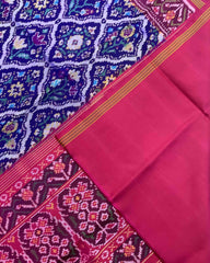 Pink & Blue Fancy Flower Patola Saree - SindhoiPatolaArt