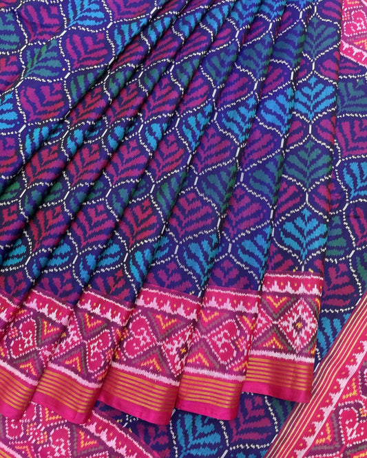 Pink & Blue Fancy Flower Patola Saree - SindhoiPatolaArt