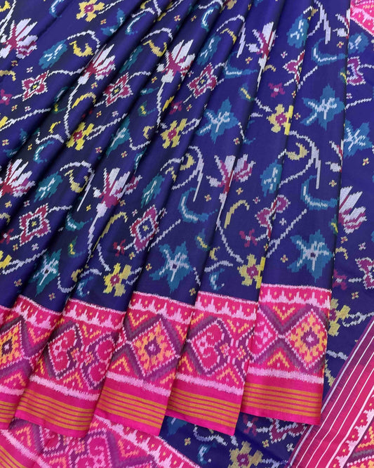 Pink & Blue Fancy Flower Patola Saree - SindhoiPatolaArt