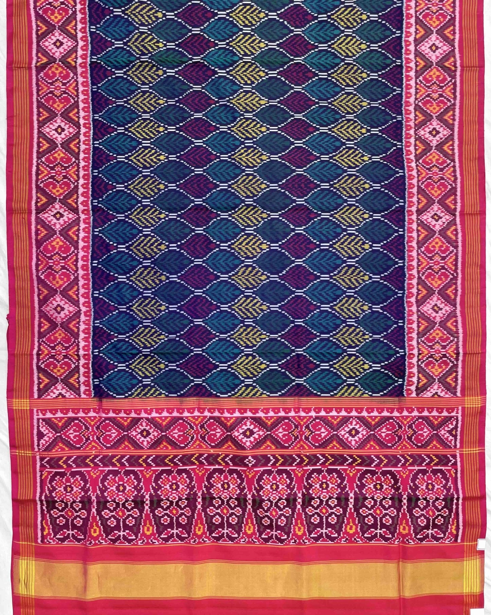 Pink & Blue Fancy Leaves Design Patola Saree - SindhoiPatolaArt