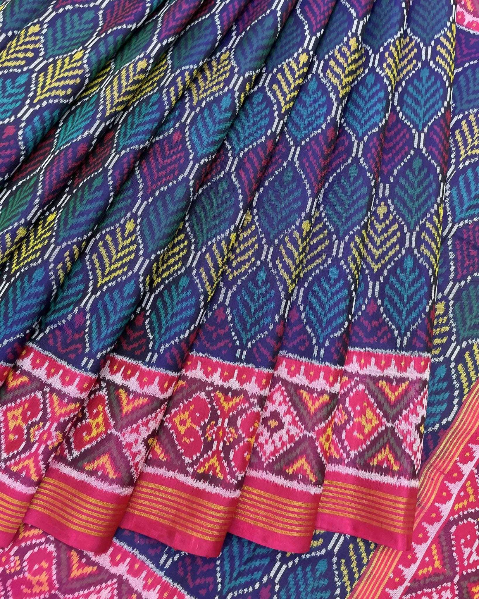 Pink & Blue Fancy Leaves Design Patola Saree - SindhoiPatolaArt