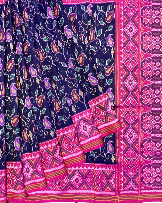 Pink & Blue Fancy Leaves Patola Saree - SindhoiPatolaArt