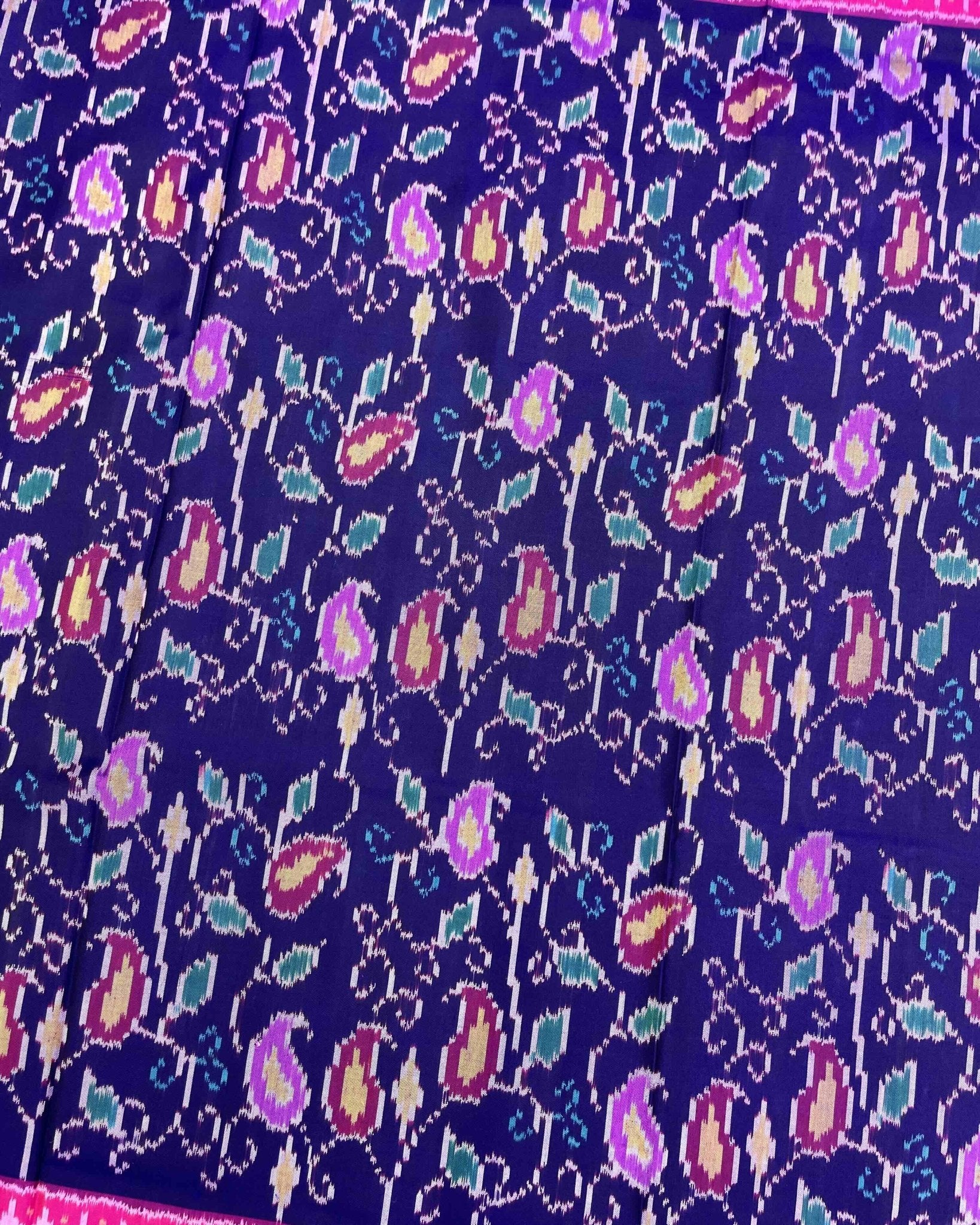 Pink & Blue Fancy Leaves Patola Saree - SindhoiPatolaArt