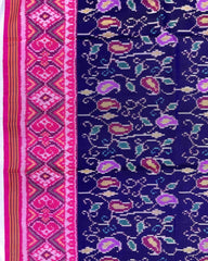 Pink & Blue Fancy Leaves Patola Saree - SindhoiPatolaArt