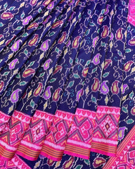 Pink & Blue Fancy Leaves Patola Saree - SindhoiPatolaArt