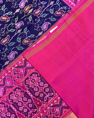 Pink & Blue Fancy Leaves Patola Saree - SindhoiPatolaArt