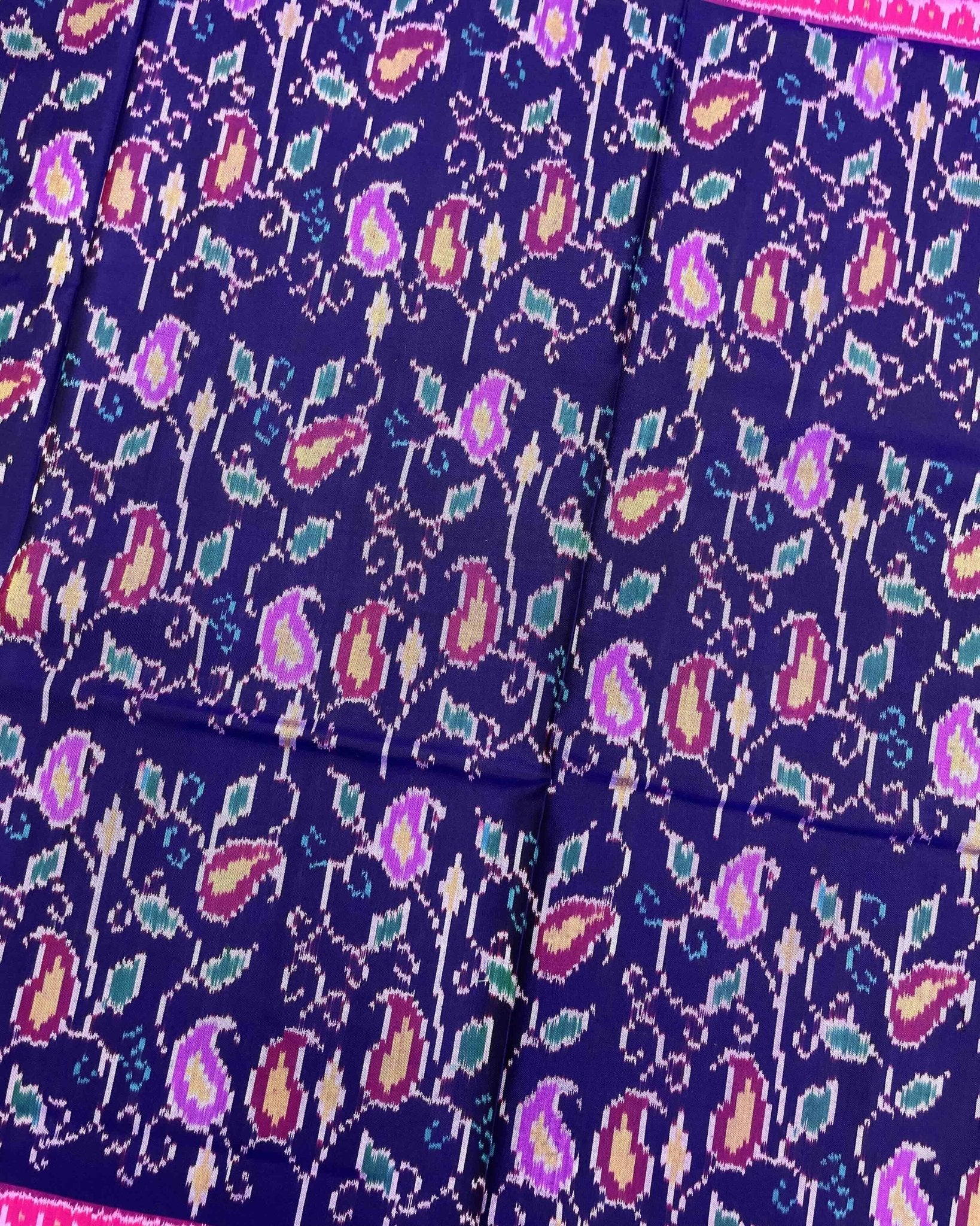 Pink & Blue Fancy Leaves Patola Saree - SindhoiPatolaArt