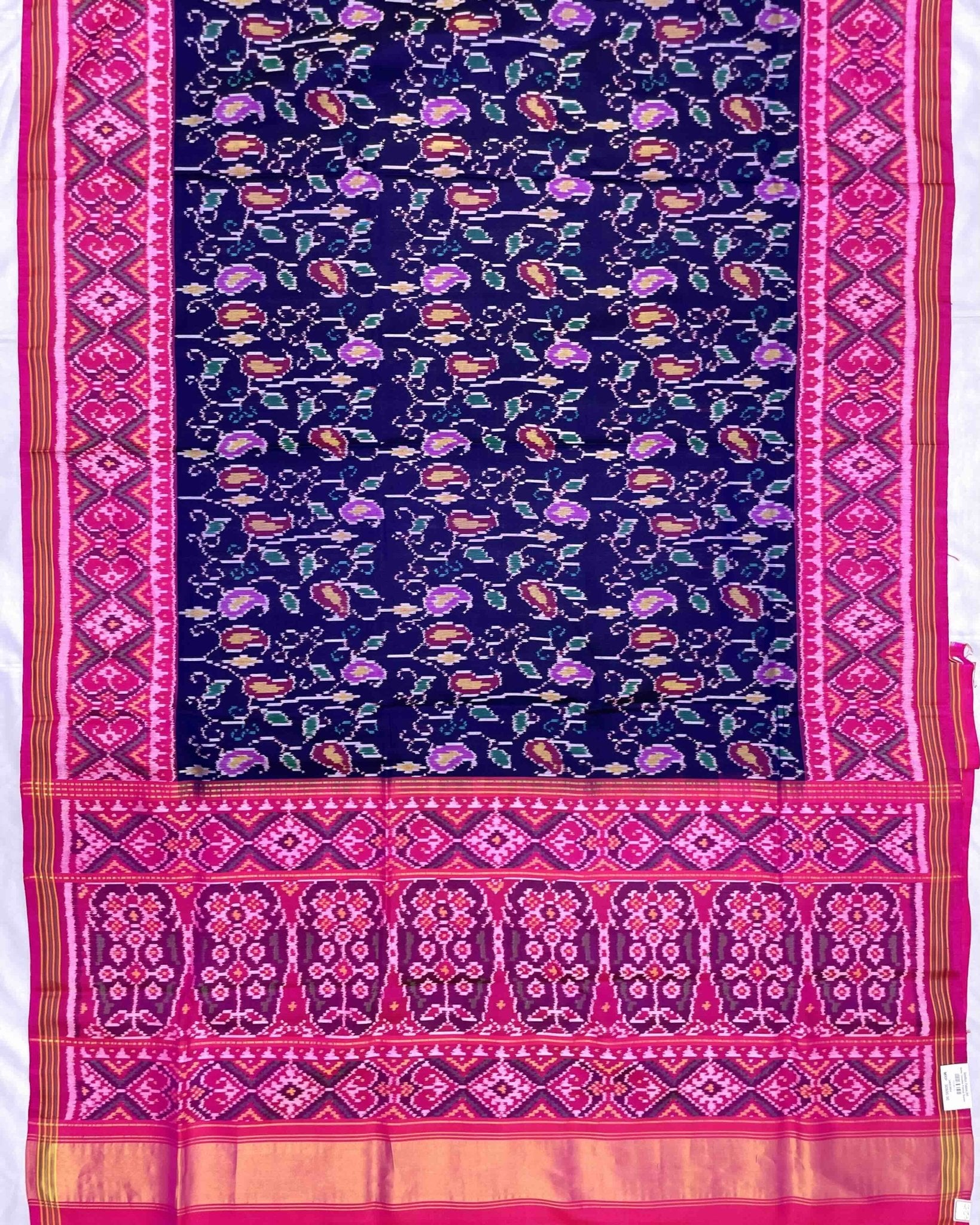 Pink & Blue Fancy Leaves Patola Saree - SindhoiPatolaArt