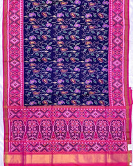 Pink & Blue Fancy Leaves Patola Saree - SindhoiPatolaArt